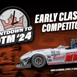 Race car with various sponsor logos on a track, promoting the "Countdown to KOTM '24 Early Class Competitors.