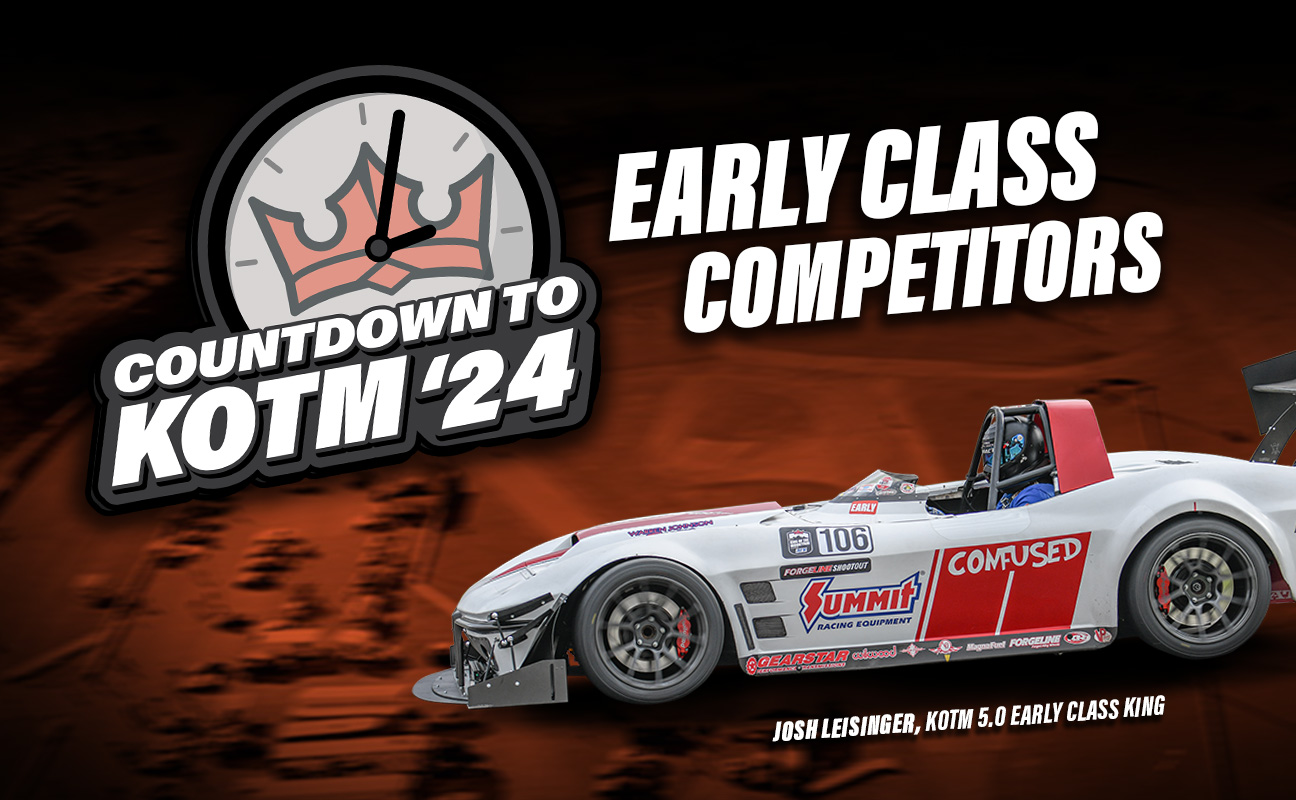 Race car with various sponsor logos on a track, promoting the "Countdown to KOTM '24 Early Class Competitors.