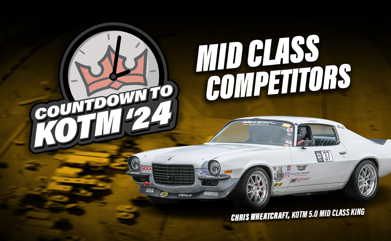 Promotional graphic for 'Countdown to KOTM '24' featuring a race car driven by Chris Wheatcraft, labeled as the KOTM 5.0 Mid Class King, with the text 'Mid Class Competitors.'.