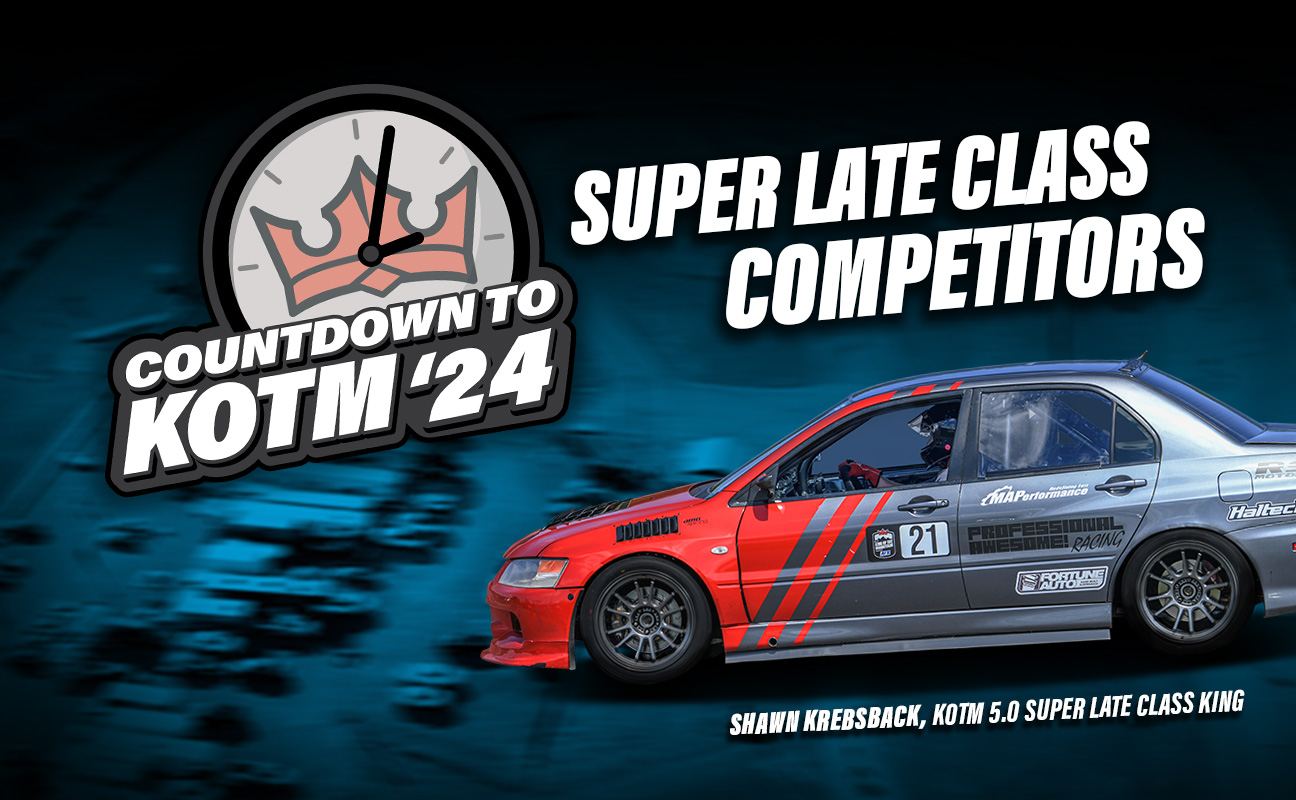 Promotional image for "Countdown to KOTM '24" featuring a red and silver race car with the text "Super Late Class Competitors." The car has the number 21 on it and a name, Shawn Krebsback.