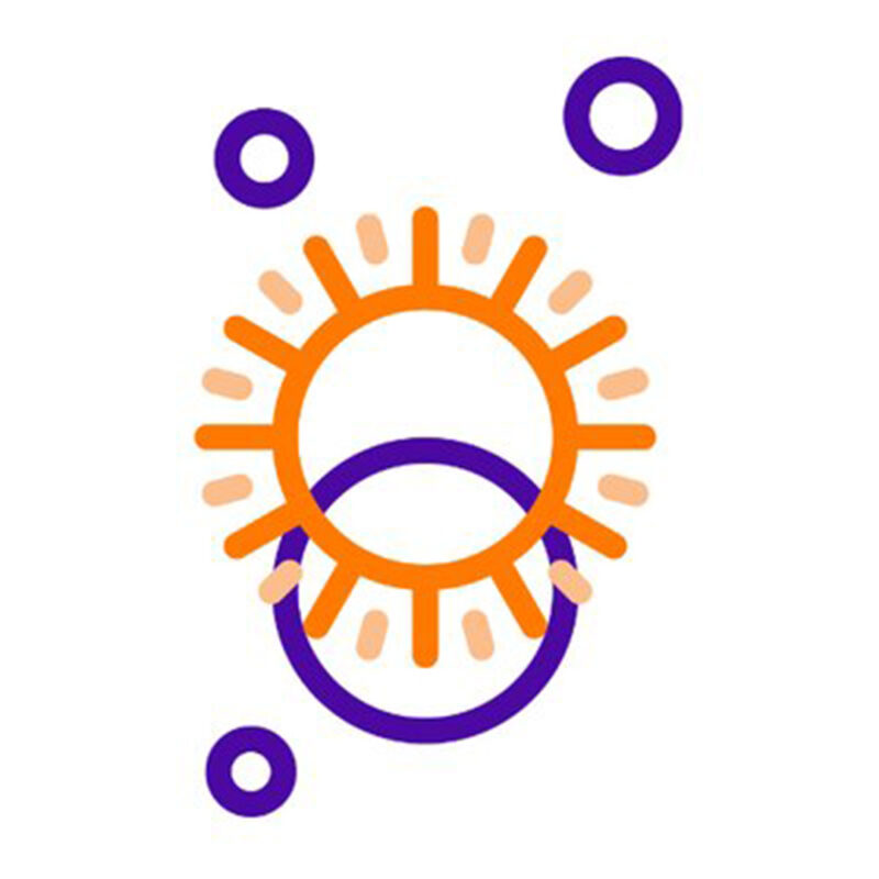 A geometric design features two overlapping circles with rays emanating from one, accompanied by three smaller circles. Predominantly orange and purple colors are used.