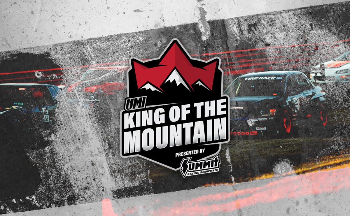 King of the Mountain event poster featuring cars on a racetrack, with a central logo showing red mountains and sponsor logos below.