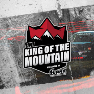 King of the Mountain event poster featuring cars on a racetrack, with a central logo showing red mountains and sponsor logos below.