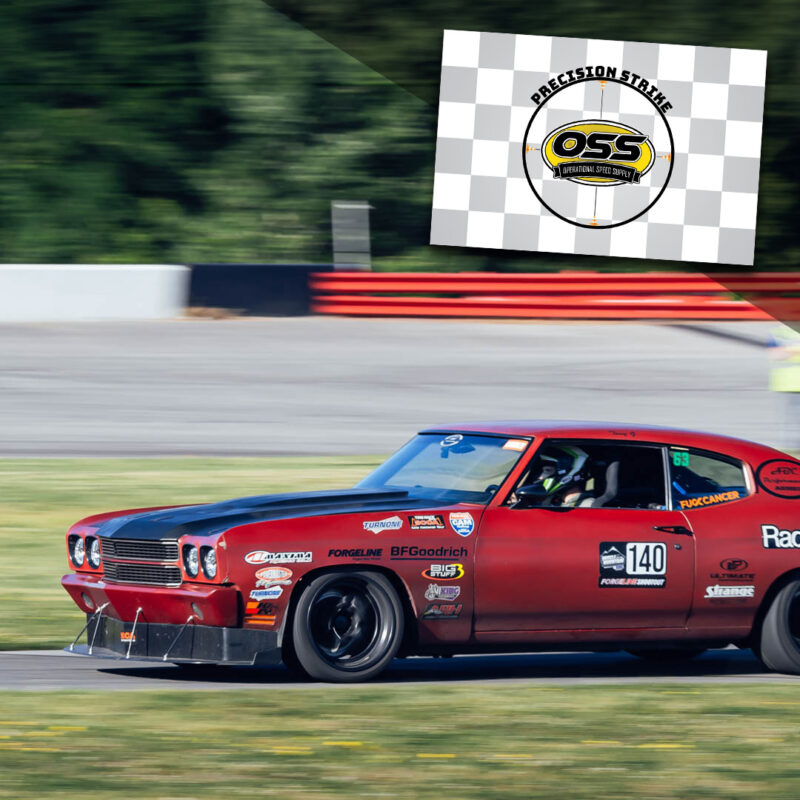 A red race car speeding on a track with #140 and various logos on it. Inset image displays "Precision Strike" and "OSS" on a checkered background.