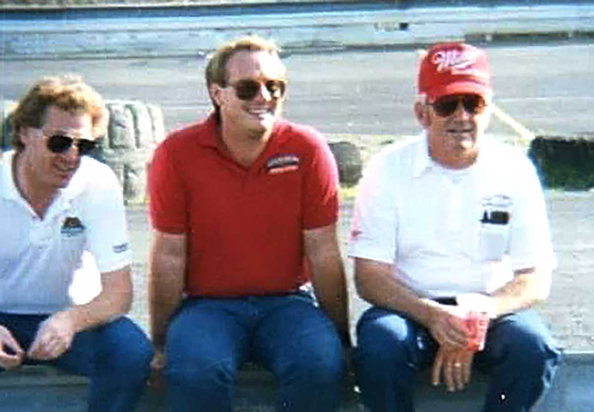 1987, American motorsports racing drivers: Rusty Wallace, Ken Schrader and Bobby Allison, at the park.