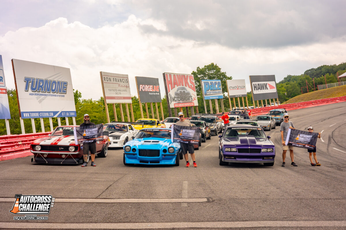 A group of people stand with signs in front of classic cars on a racetrack, with large sponsor billboards visible in the background.