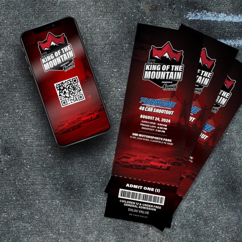Smartphone displaying King of the Mountain event details next to three event tickets on a textured surface. Event scheduled for August 24, 2024, at UMI Motorsports Park.