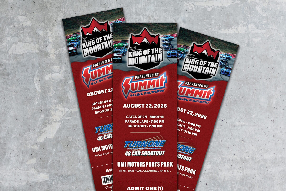 Three red event tickets for the 2026 King of the Mountain 48 Car Shootout at UMI Motorsports Park, presented by Summit Racing Equipment, displayed on a gray surface.