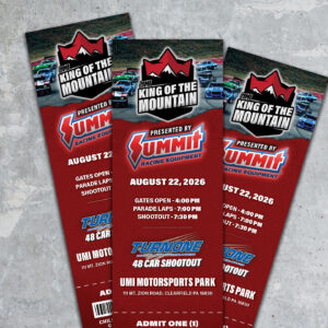 Three red event tickets for the 2026 King of the Mountain 48 Car Shootout at UMI Motorsports Park, presented by Summit Racing Equipment, displayed on a gray surface.